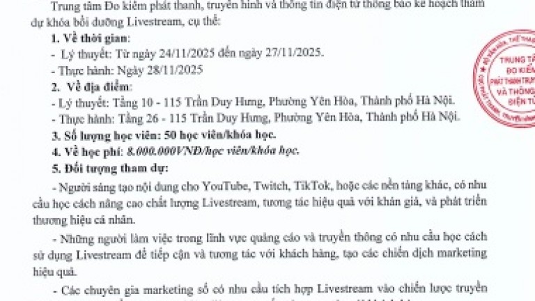 Thông báo về khóa học bồi dưỡng nghiệp vụ Livestream Thông báo về khóa học bồi dưỡng nghiệp vụ Livestream