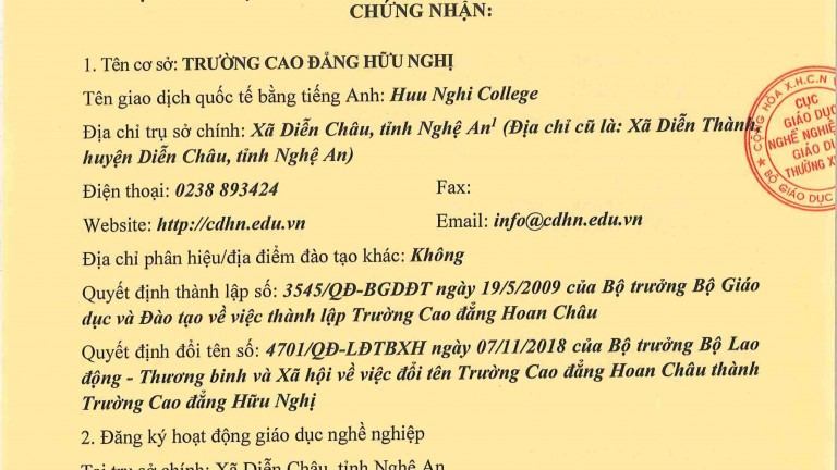 Giấy chứng nhận đăng ký hoạt động giáo dục nghề nghiệp