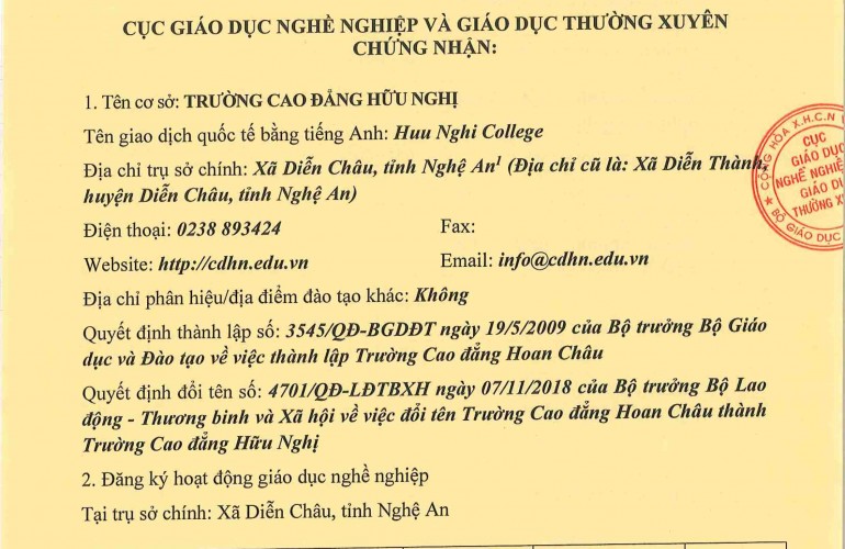 Giấy chứng nhận đăng ký hoạt động giáo dục nghề nghiệp